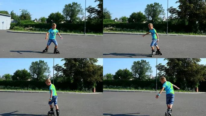快乐的七岁男孩，溜旱冰，炎热的夏日。慢动作