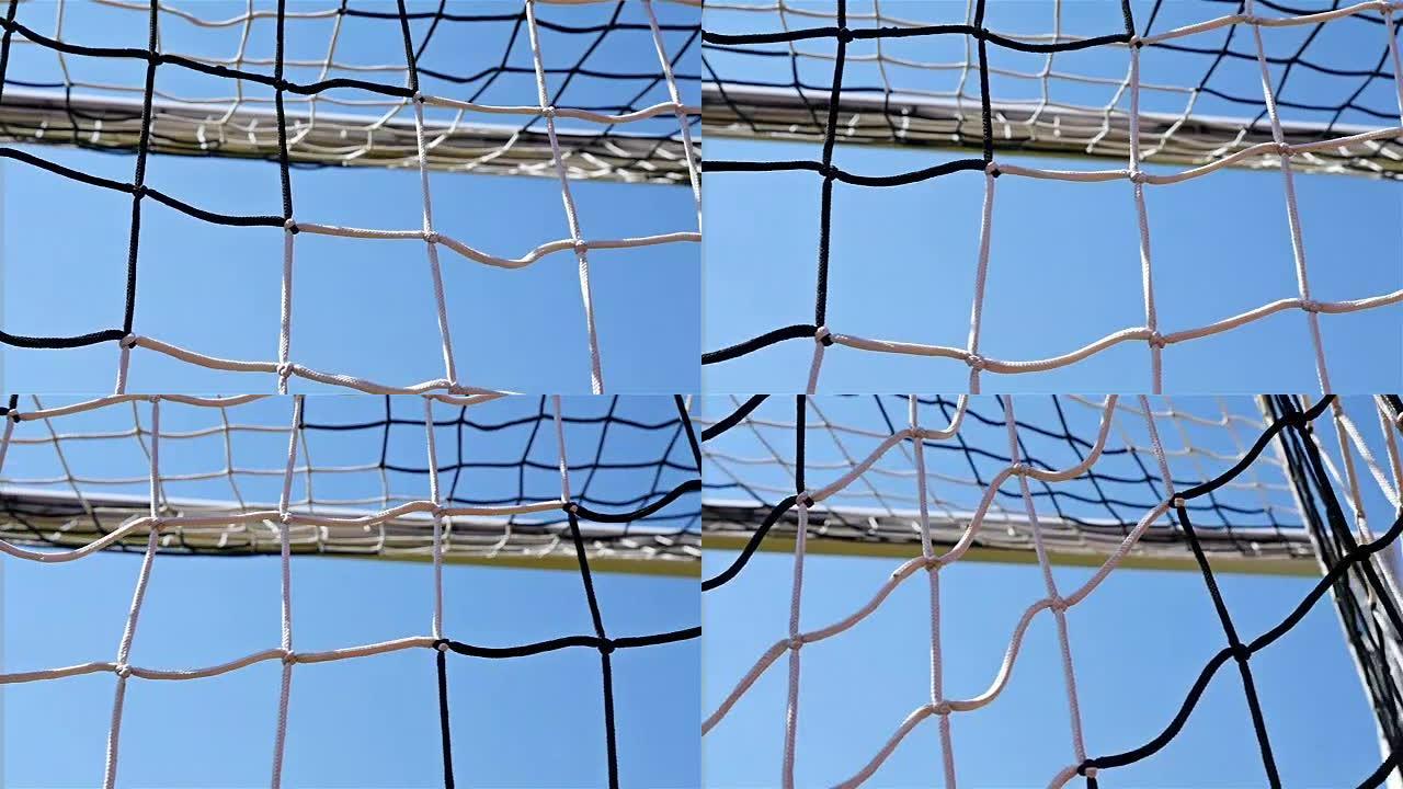 足球门网细节镜头，低角度