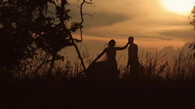 日落背景下美丽的已婚夫妇在田野里跳舞的剪影