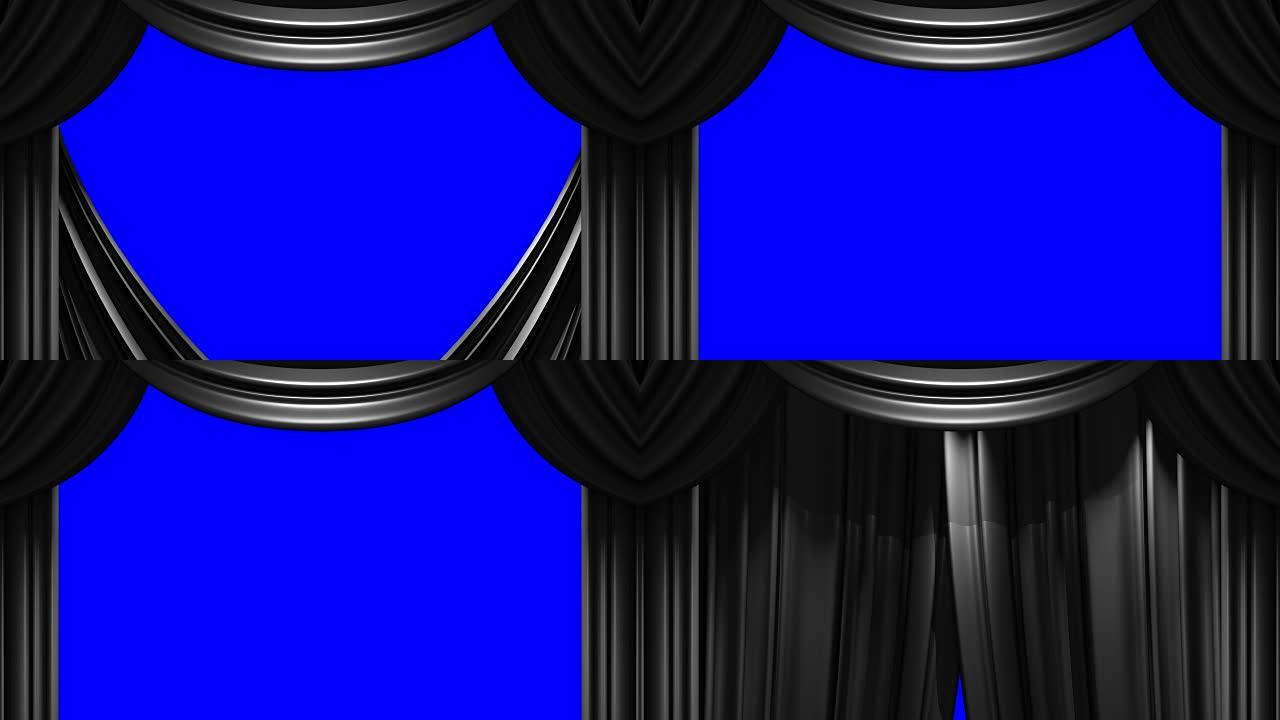 蓝色色度键上的黑色舞台窗帘