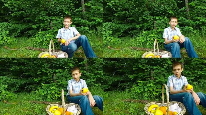 少年吃黄苹果。这个男孩非常像一个苹果，他吃得津津有味。