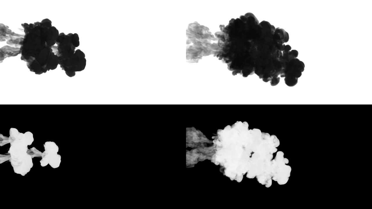 一股墨水流，注入黑色染料云或烟雾，墨水以慢动作注入白色。黑色在水中飞溅。漆黑的背景或烟雾背景，用于墨