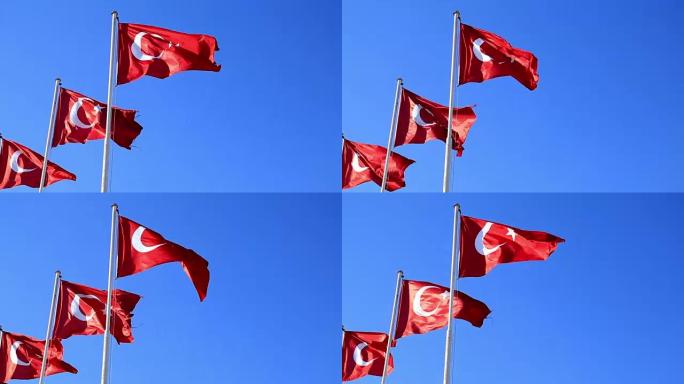 土耳其国旗在蓝天中飘扬