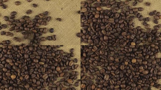 在旋转布粗麻布上掉落的咖啡豆