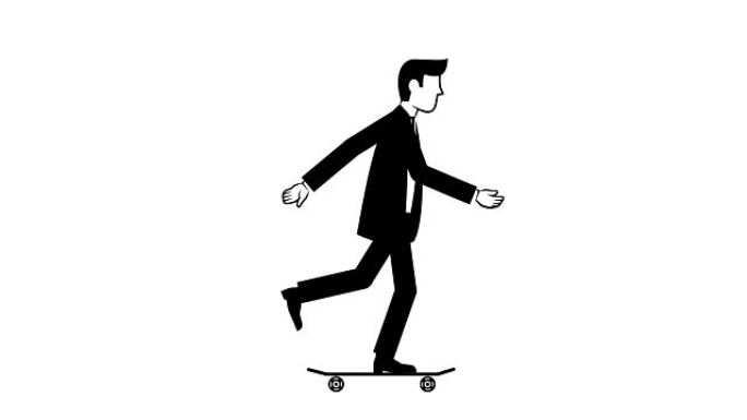 穿着黑色西装的男子乘坐滑板