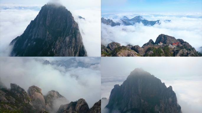 安徽黄山风景区山峰云海航拍延时风景视频素