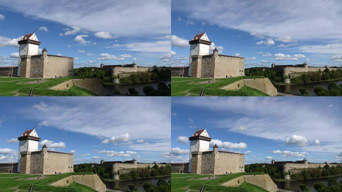 时间流逝，爱沙尼亚和俄罗斯边境的纳尔瓦要塞和伊万哥罗德要塞