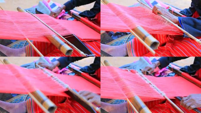 泰国山地部落手工制作的原始纺织织布工