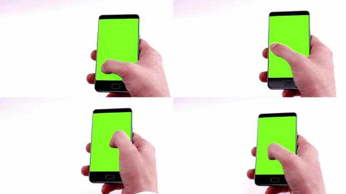 男人用智能手机用色度键写短信，白底绿屏