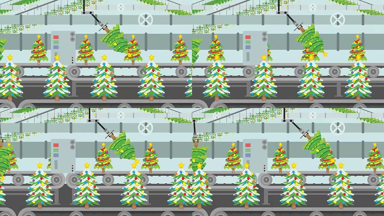 卡通风格的工厂输送机中的多种圣诞树