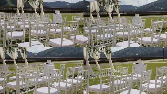山里婚礼装饰的景色。户外婚礼的位置
