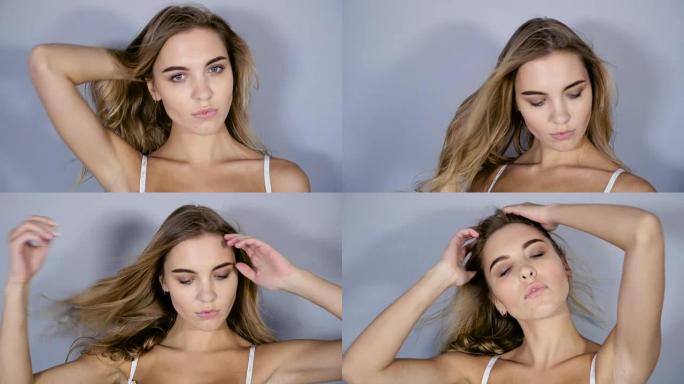 穿着白色内衣的长发年轻性感女孩摆姿势