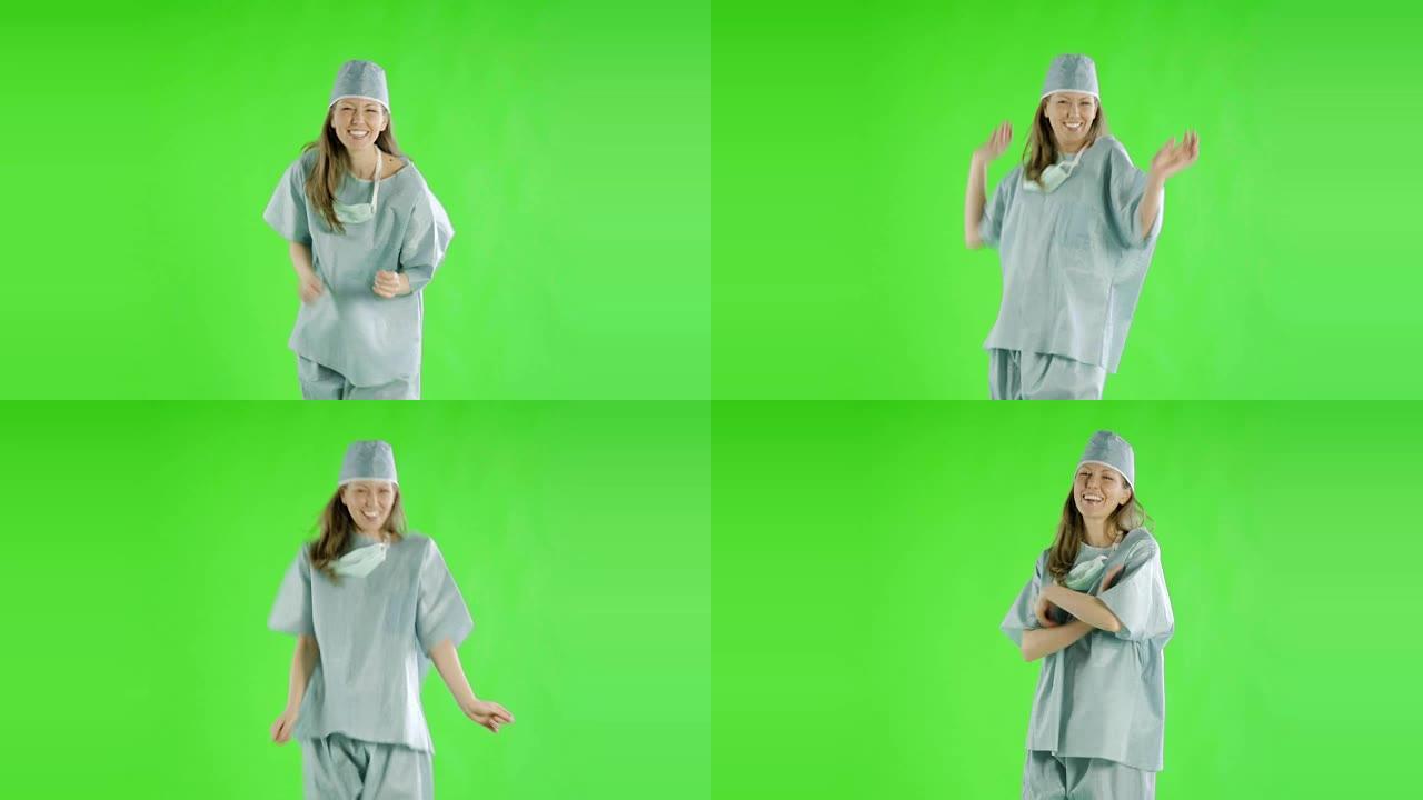 白人妇女greenscreen削减了医生保健护士的磨砂膏