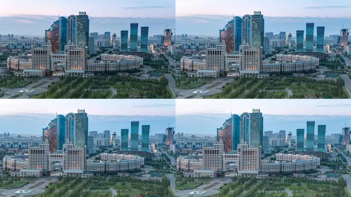 市中心和中央商务区日夜延时、中亚、哈萨克斯坦、阿斯塔纳的高架视图