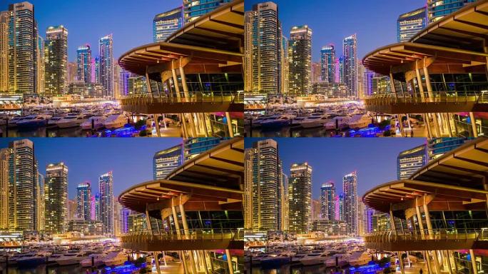 阿拉伯联合酋长国杜比码头著名游艇码头屋顶咖啡馆全景4k延时
