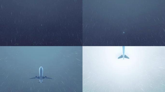 飞机在雷雨夜空中大雨和闪电