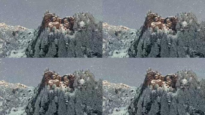 冬天的拉什莫尔山，下雪