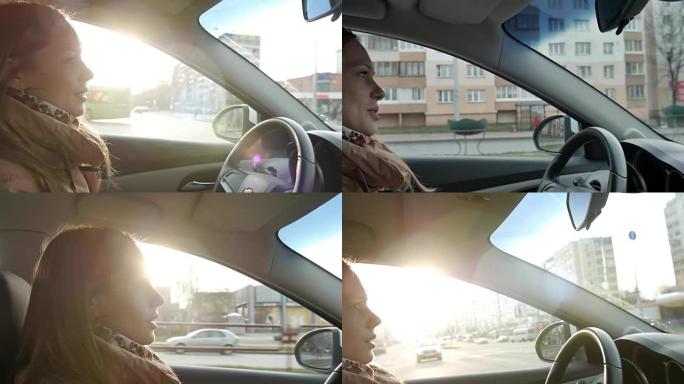 开车的女孩，华丽的太阳耀斑和分级。偶尔的暴露变化是由于路标使太阳失明一秒钟而引起的。