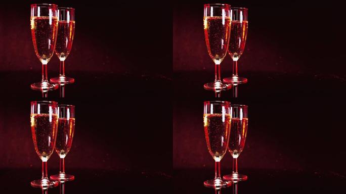 红色天鹅绒上的香槟-美丽的场景