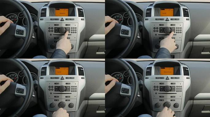 人类驾驶汽车和收音机、仪表板上的按钮