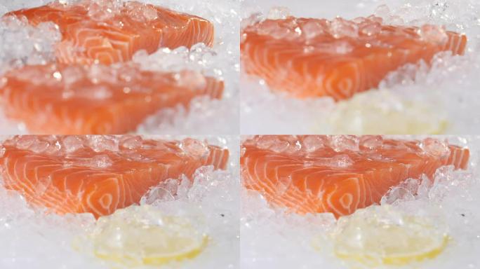 市场上冰面上的红鱼切片特写
