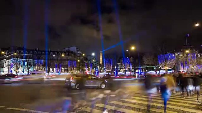 法国之夜巴黎假日照明交通罗斯福广场全景4k延时