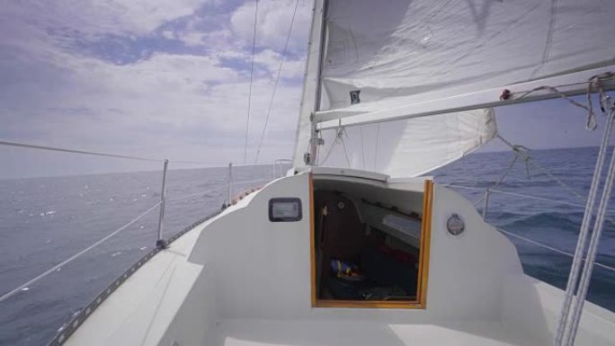 帆船上的驾驶舱内夏季阳光明媚的大白帆刮风速度