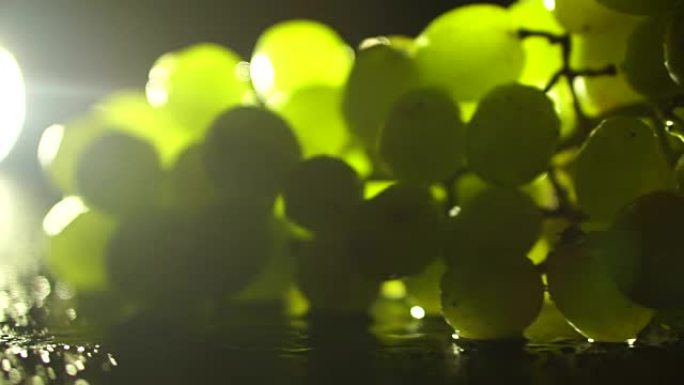 盘子上的绿色葡萄，黑色背景上的美丽灯光循环视频