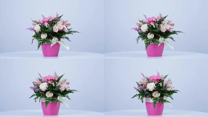 花朵，花束，白色背景上的旋转，花卉组成由非洲菊，Eustoma，玫瑰yana奶油，Alstroeme