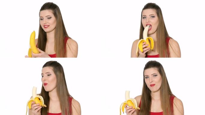 美丽的女孩在白色背景上吃香蕉