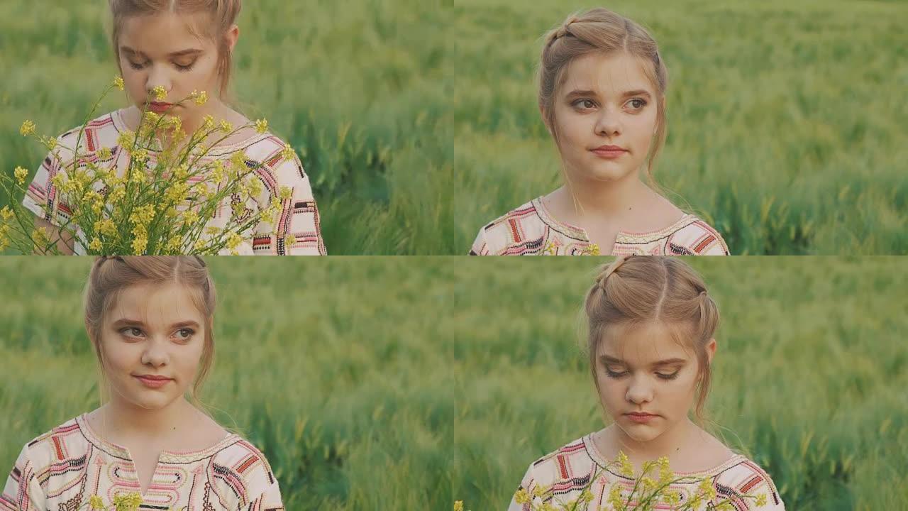 可爱的年轻女孩拿着一束油菜花，在田野里嗅它