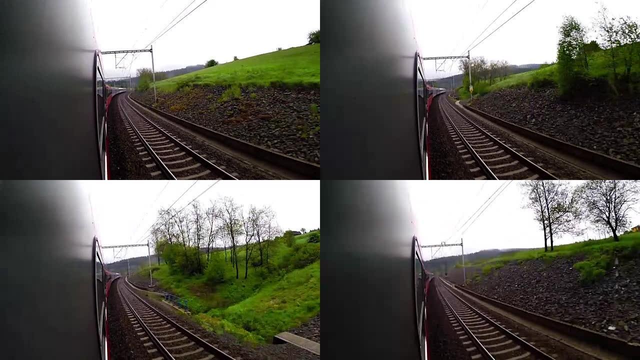 车载摄像机镜头: 火车继续行驶时，风景横扫