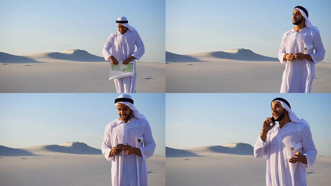 男阿联酋设计师阿拉伯谢赫站在白色的沙漠中，对着天空完成建筑工地的勘察，并接听客户的电话