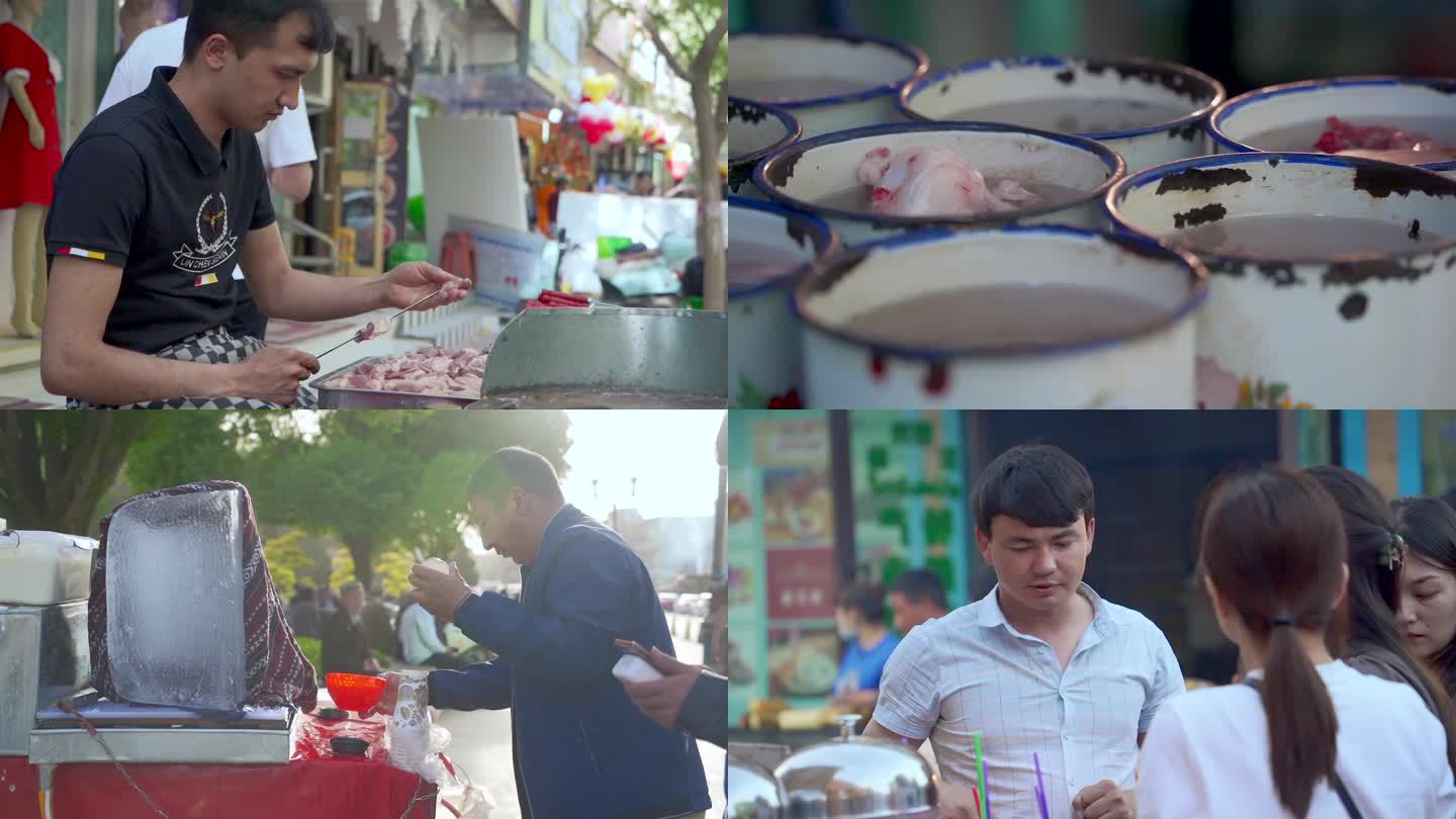新疆喀什热闹集市巴扎市场地摊维族美食羊肉