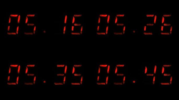 数字时钟显示屏上的时间快速调整，黑色上的红色数字