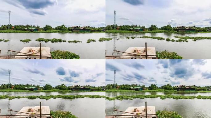 沿着河流和云景在天空中移动的漂浮水葫芦的视频延时