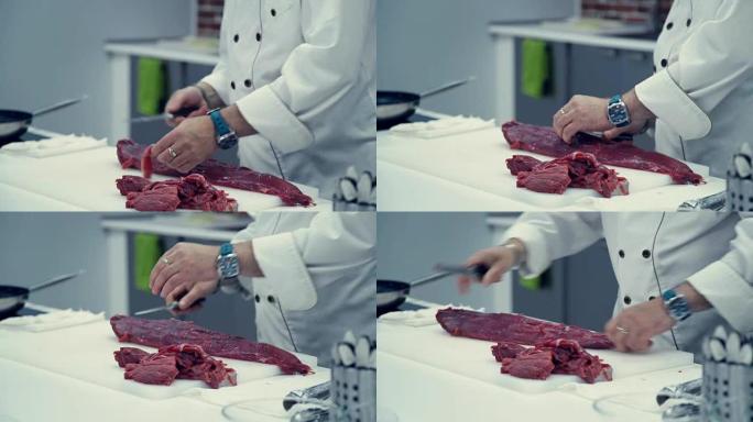 男厨师从一块牛肉中切出薄片肉