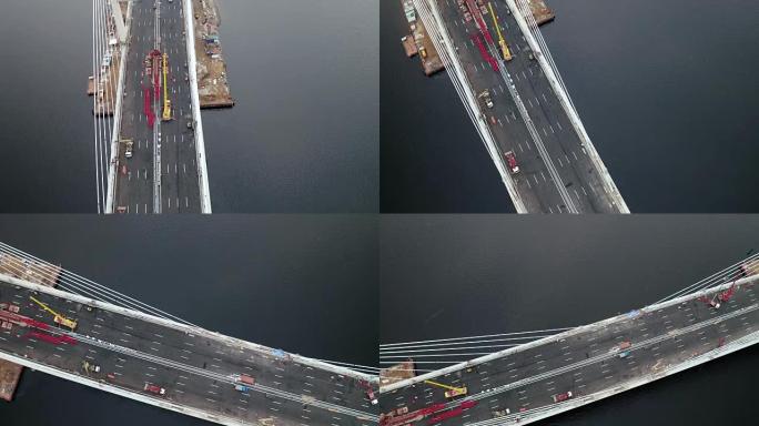 现代多车道斜拉桥白天的空中俯视图