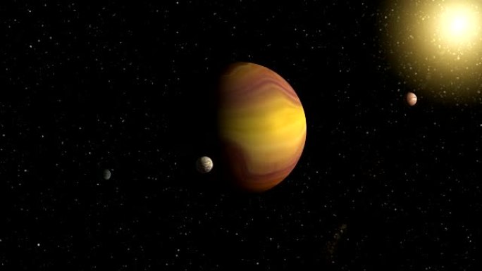 大型气体巨行星，有两个卫星和一个较小的行星围绕附近的恒星运行。外太空、宇宙艺术与科幻概念。