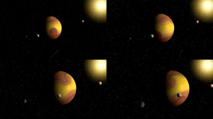 大型气体巨行星，有两个卫星和一个较小的行星围绕附近的恒星运行。外太空、宇宙艺术与科幻概念。
