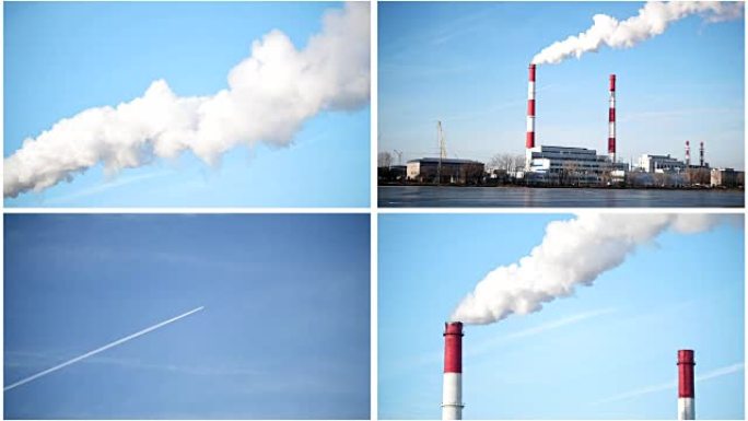 四合一: 生态工业景观-晴天的发电厂，来自红管的白色蒸气