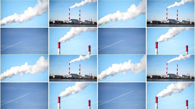 四合一: 生态工业景观-晴天的发电厂，来自红管的白色蒸气