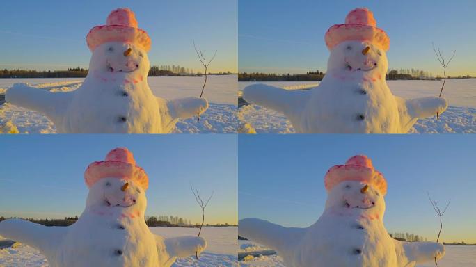 戴着红色帽子的大雪人