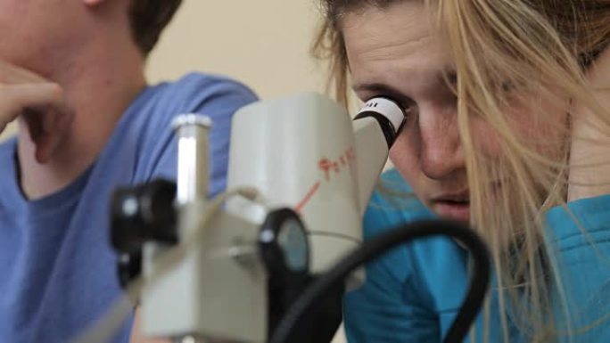 年轻女子在实际会议上看着光学显微镜和斜视
