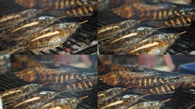 在东南亚本地湿市场烧烤淡水鱼