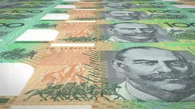 100澳元的钞票在屏幕上滚动，现金，循环