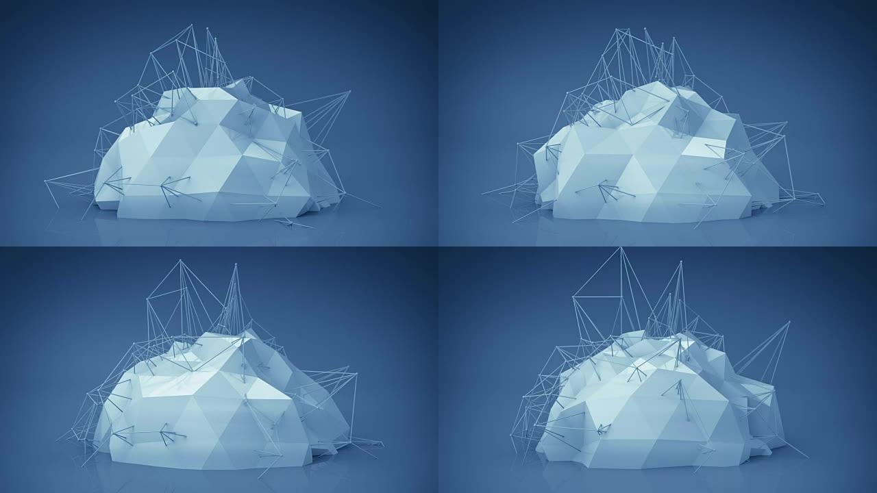 蓝色未来网络形状。抽象三维渲染动画循环