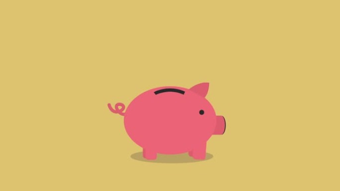 金币落入一个可爱的粉红色存钱罐循环，为您的文字空间。