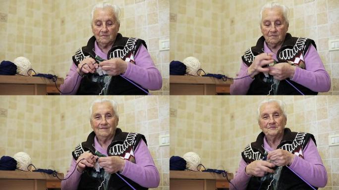 老太太做一些家庭工作: 羊毛，室内，针织，制作，老年，古代，房子