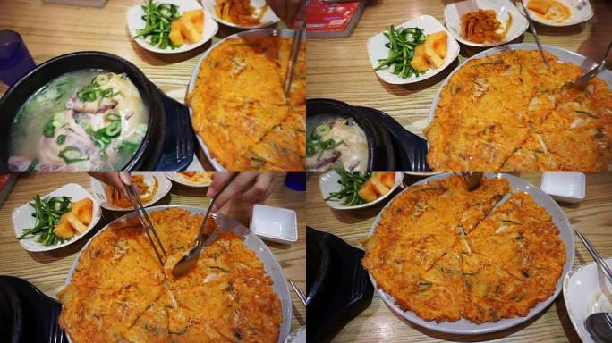 韩国料理、泡菜煎饼、人参鸡汤和各种配菜